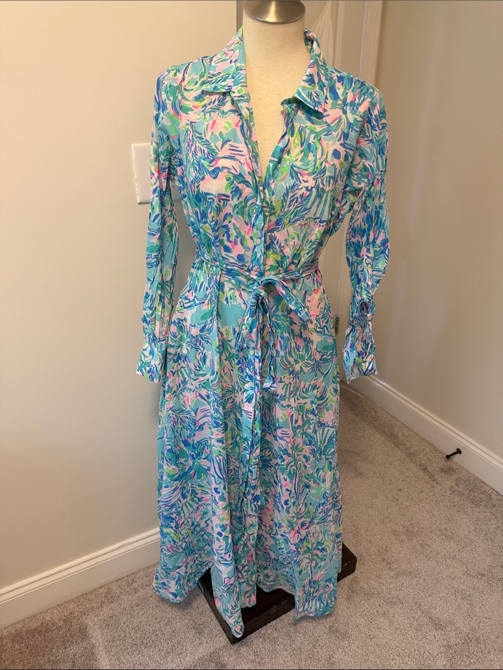 Lilly Pulitzer Aqua and Pink Floral Shirtwaist Maxi Dress